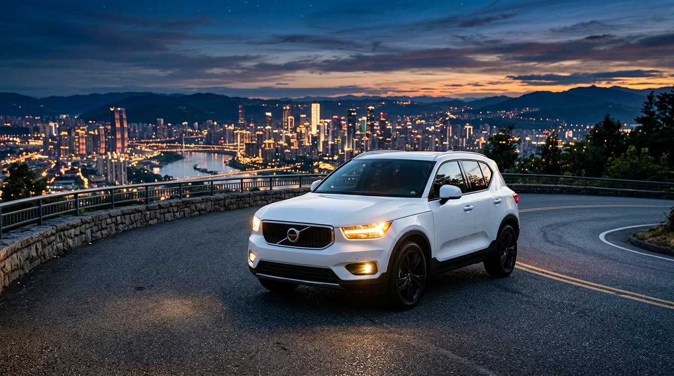 White compact crossover SUV on an elevated roadway at dusk.