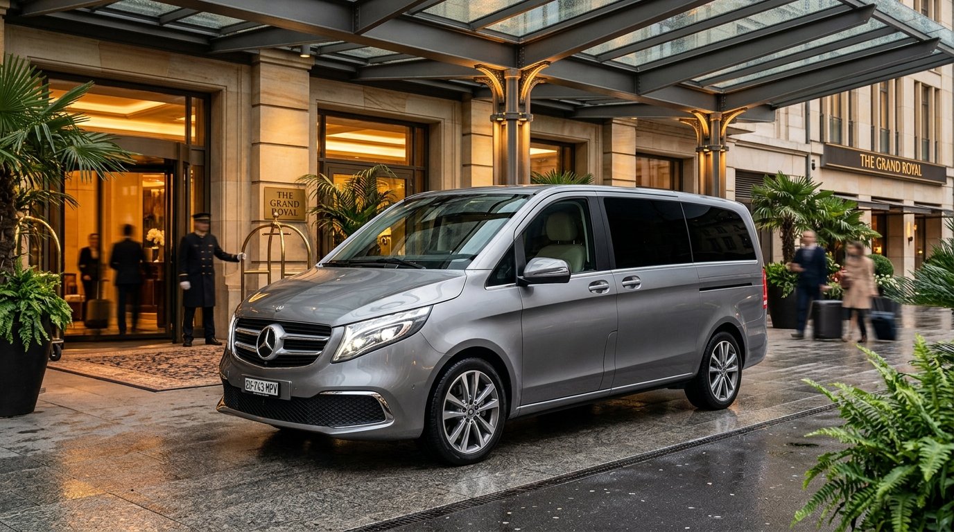 Metallic silver 7-seater MPV passenger van parked outside a hotel portico.
