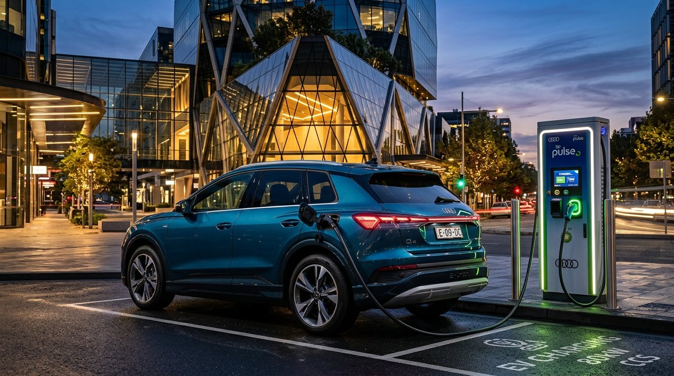 Teal blue electric crossover SUV plugged into an EV charging station in the city.