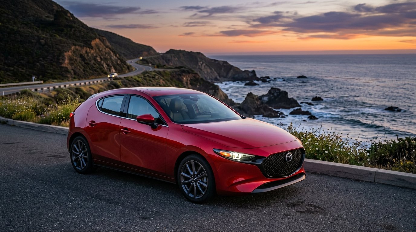 Red modern compact hatchback car parked on a scenic coastal roadway at dusk.