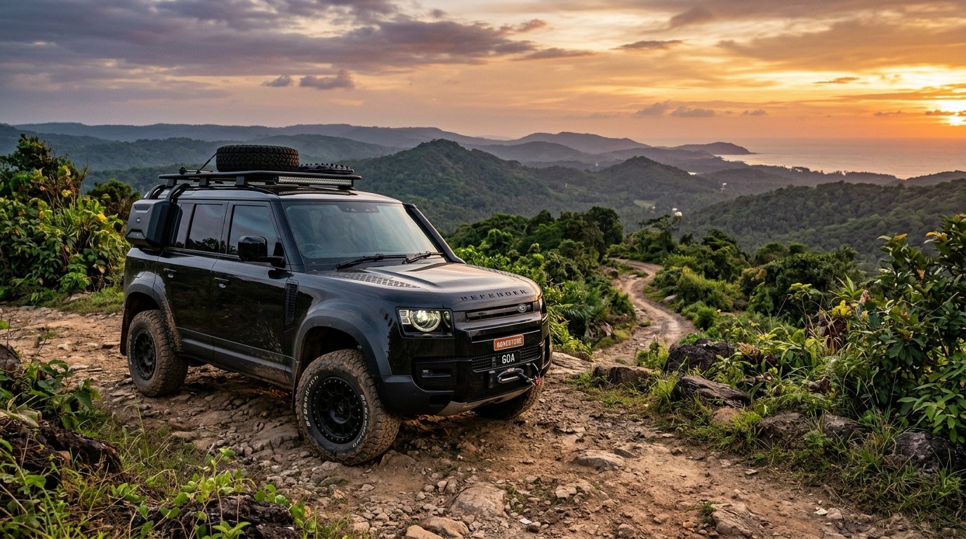 Rugged black 4x4 off-road SUV parked on a mountain dirt trail at sunset.