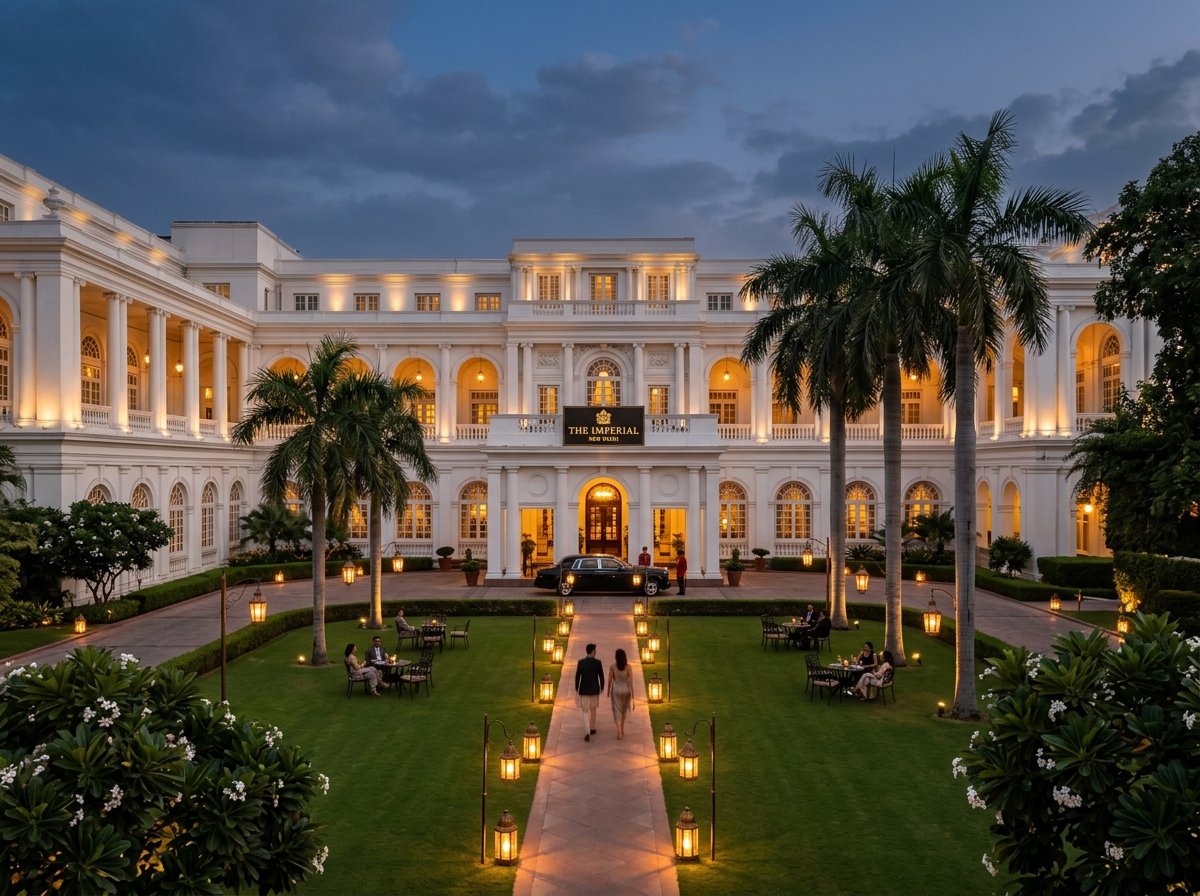Colonial white colonnade facade of a luxury heritage hotel in New Delhi with manicured front lawns.