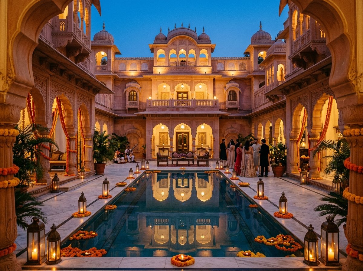 Royal Rajasthan palace courtyard illuminated by lanterns at twilight with reflective pool.