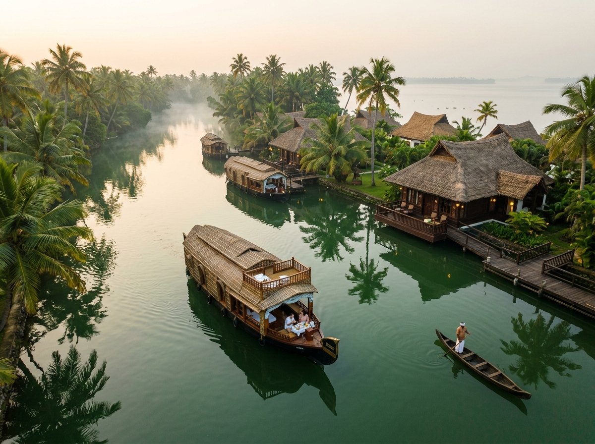 Thatched luxury villas and wooden houseboats along emerald water canals in Kerala.