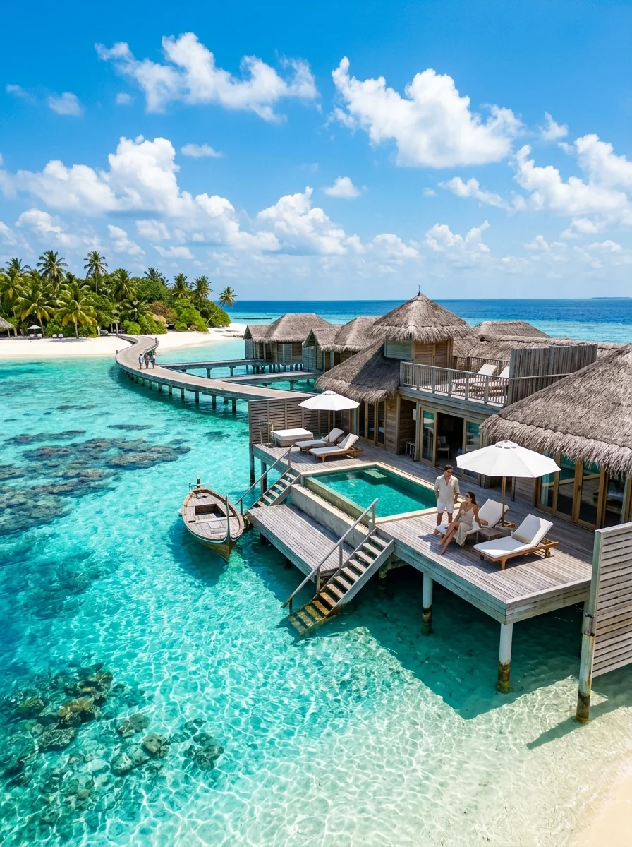 Aerial view of thatched overwater villas linked by curving timber walkways across a turquoise lagoon.