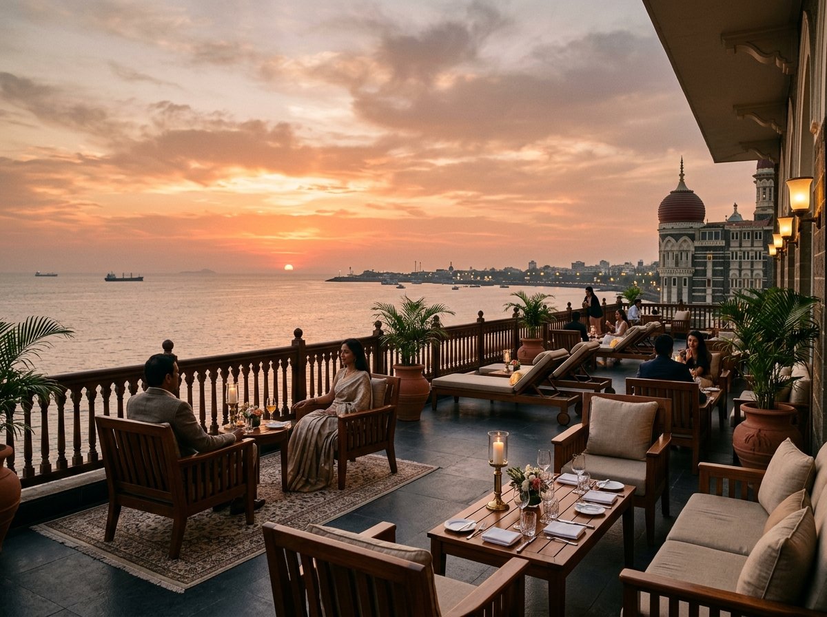 Grand sea-facing luxury hotel terrace overlooking the Arabian Sea in Mumbai at sunset.
