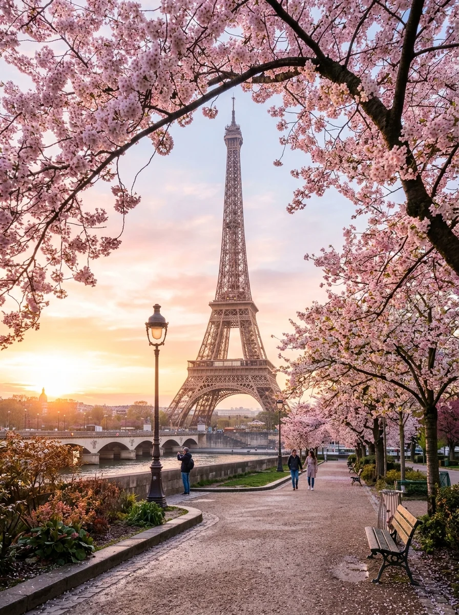The Eiffel Tower above the Seine at dusk, with river boats moored along the stone quay below.
