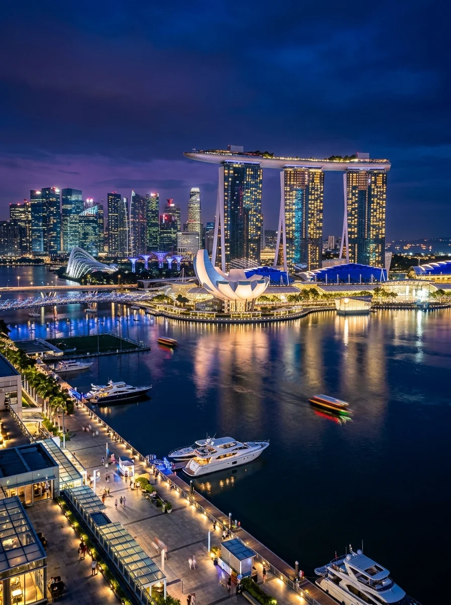 Aerial view of Marina Bay at dusk, with three linked towers carrying a long rooftop terrace above the waterfront.
