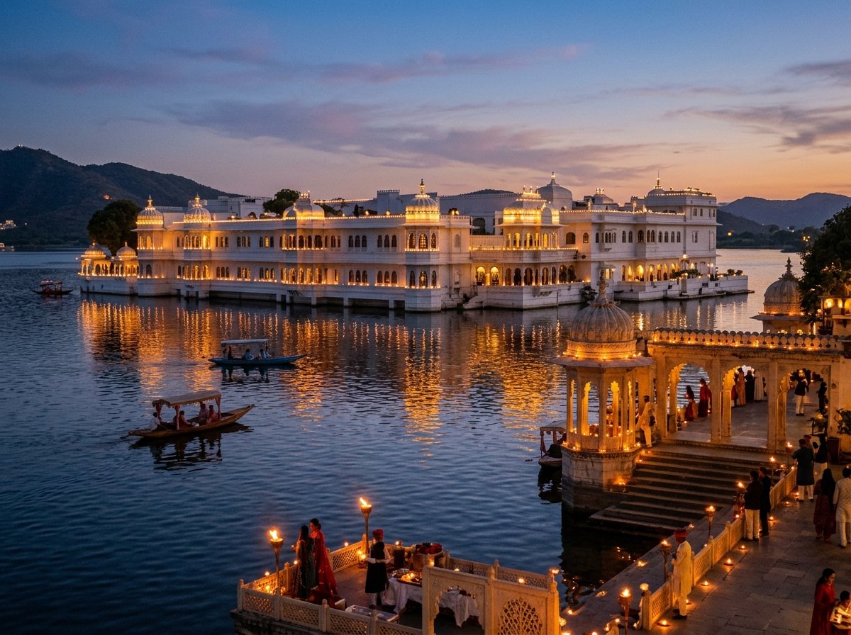 White marble palace floating on Lake Pichola in Udaipur with twilight reflections.