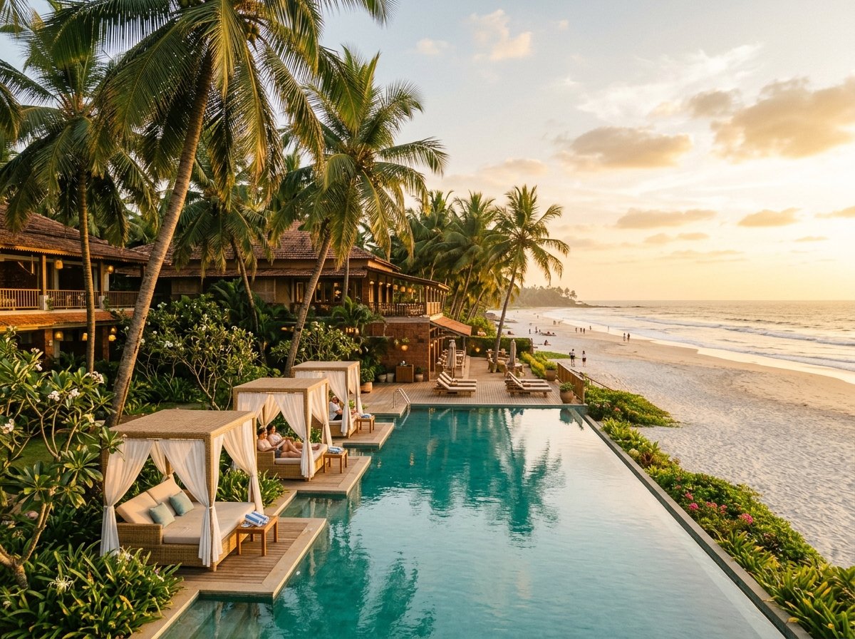 Tropical beachfront luxury resort pool and private cabanas on the sand in South Goa.